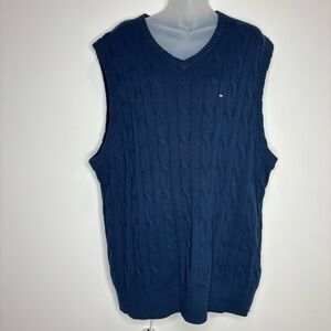 Tommy Hilfiger Knit sweater vest 100% Cotton v neck navy blue size XL preppy